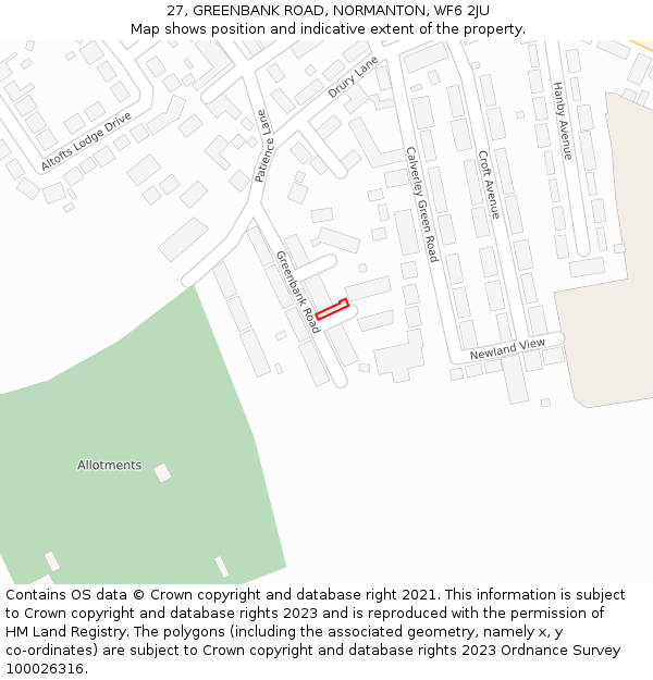 27, GREENBANK ROAD, NORMANTON, WF6 2JU: Location map and indicative extent of plot