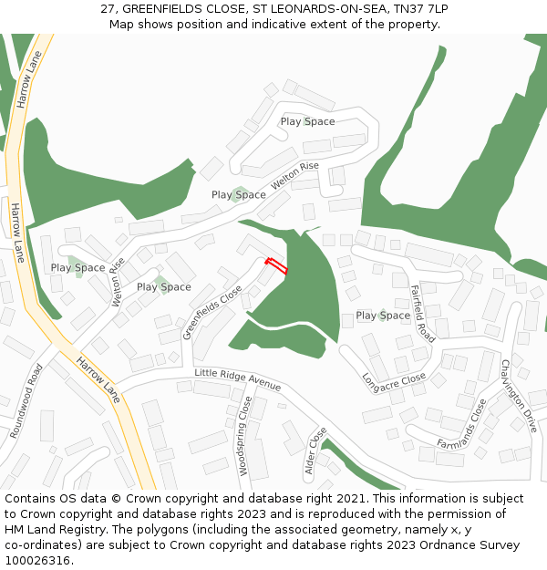 27, GREENFIELDS CLOSE, ST LEONARDS-ON-SEA, TN37 7LP: Location map and indicative extent of plot