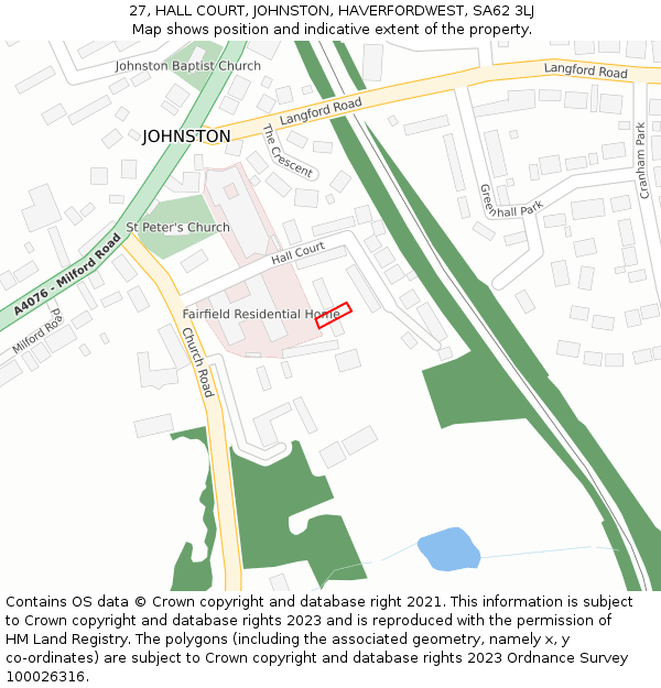 27, HALL COURT, JOHNSTON, HAVERFORDWEST, SA62 3LJ: Location map and indicative extent of plot