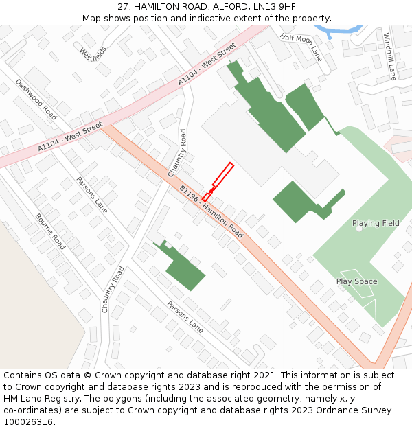 27, HAMILTON ROAD, ALFORD, LN13 9HF: Location map and indicative extent of plot