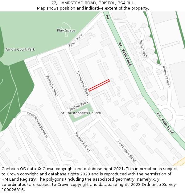 27, HAMPSTEAD ROAD, BRISTOL, BS4 3HL: Location map and indicative extent of plot