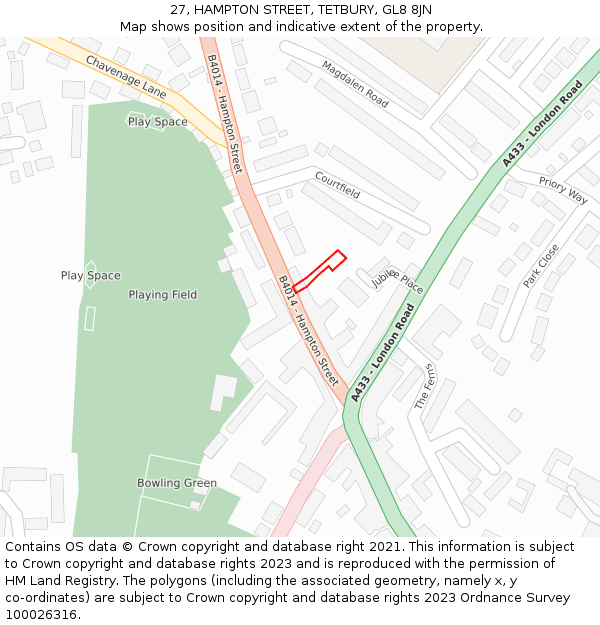 27, HAMPTON STREET, TETBURY, GL8 8JN: Location map and indicative extent of plot