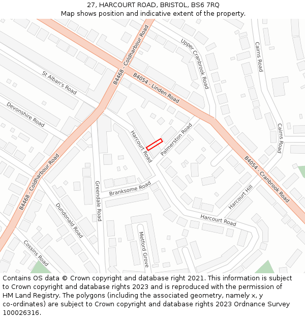 27, HARCOURT ROAD, BRISTOL, BS6 7RQ: Location map and indicative extent of plot