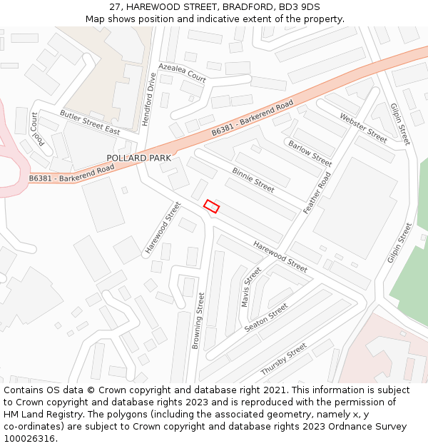 27, HAREWOOD STREET, BRADFORD, BD3 9DS: Location map and indicative extent of plot
