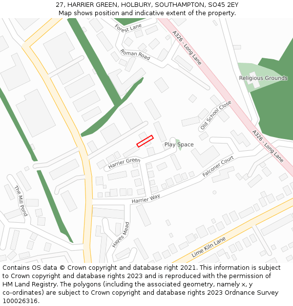 27, HARRIER GREEN, HOLBURY, SOUTHAMPTON, SO45 2EY: Location map and indicative extent of plot