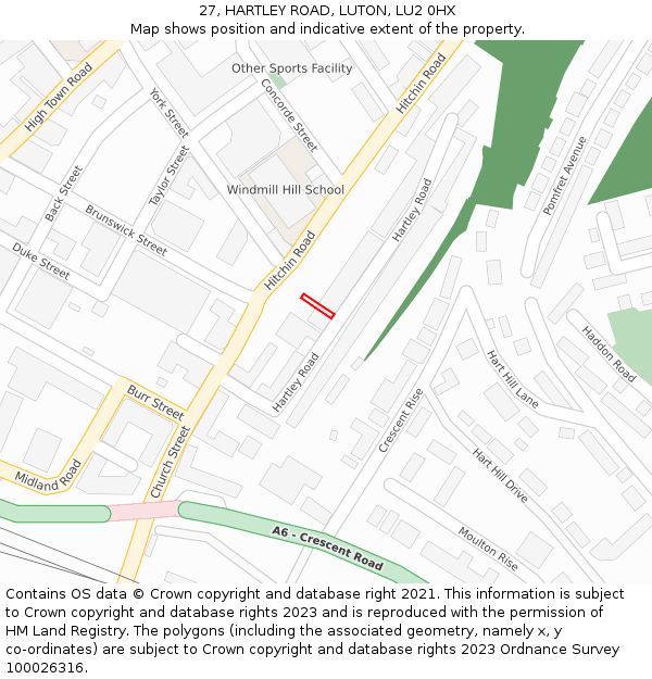 27, HARTLEY ROAD, LUTON, LU2 0HX: Location map and indicative extent of plot