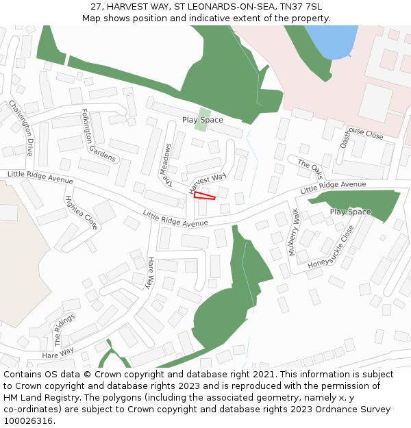 27, HARVEST WAY, ST LEONARDS-ON-SEA, TN37 7SL: Location map and indicative extent of plot
