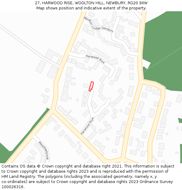 27, HARWOOD RISE, WOOLTON HILL, NEWBURY, RG20 9XW: Location map and indicative extent of plot