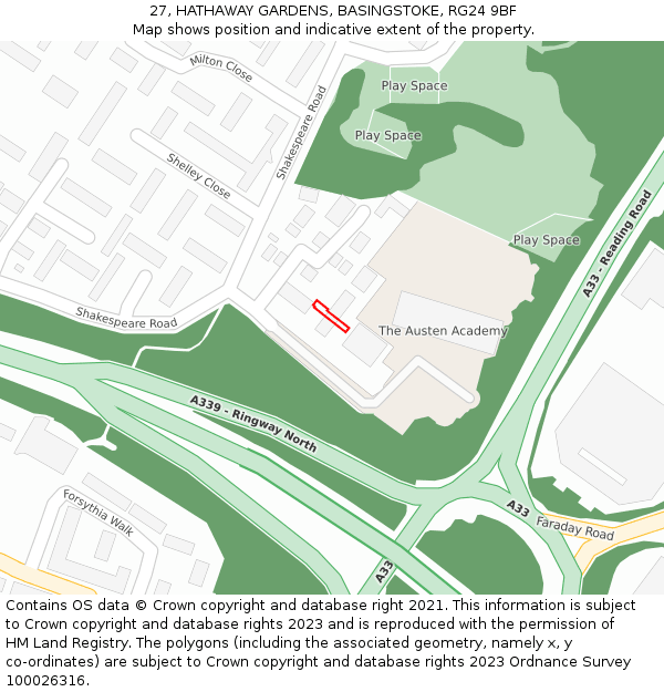 27, HATHAWAY GARDENS, BASINGSTOKE, RG24 9BF: Location map and indicative extent of plot