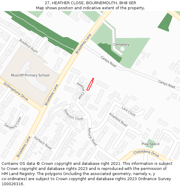 27, HEATHER CLOSE, BOURNEMOUTH, BH8 0ER: Location map and indicative extent of plot