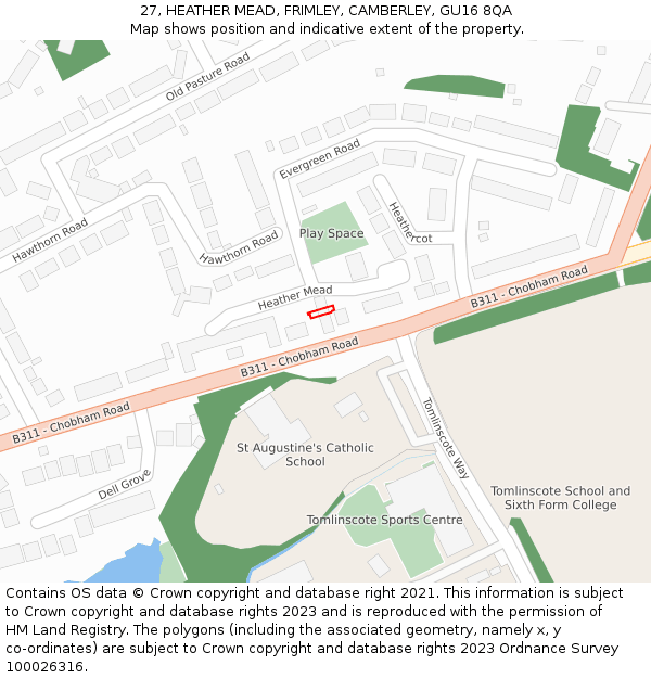 27, HEATHER MEAD, FRIMLEY, CAMBERLEY, GU16 8QA: Location map and indicative extent of plot