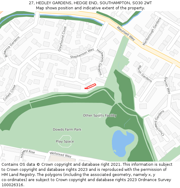 27, HEDLEY GARDENS, HEDGE END, SOUTHAMPTON, SO30 2WT: Location map and indicative extent of plot