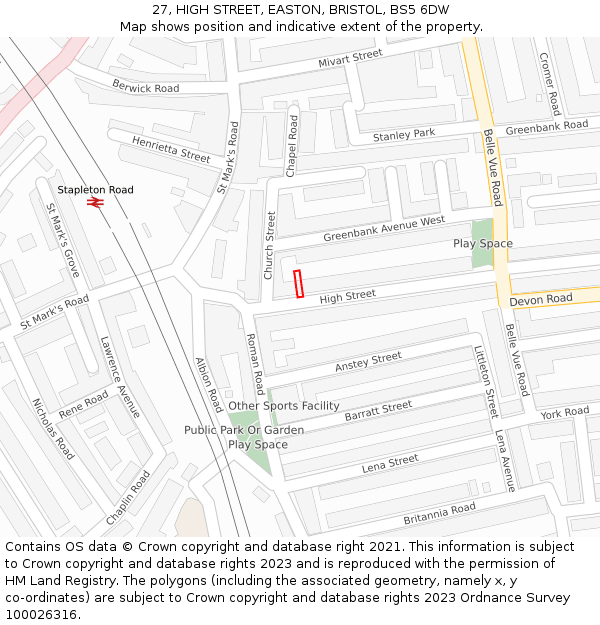 27, HIGH STREET, EASTON, BRISTOL, BS5 6DW: Location map and indicative extent of plot