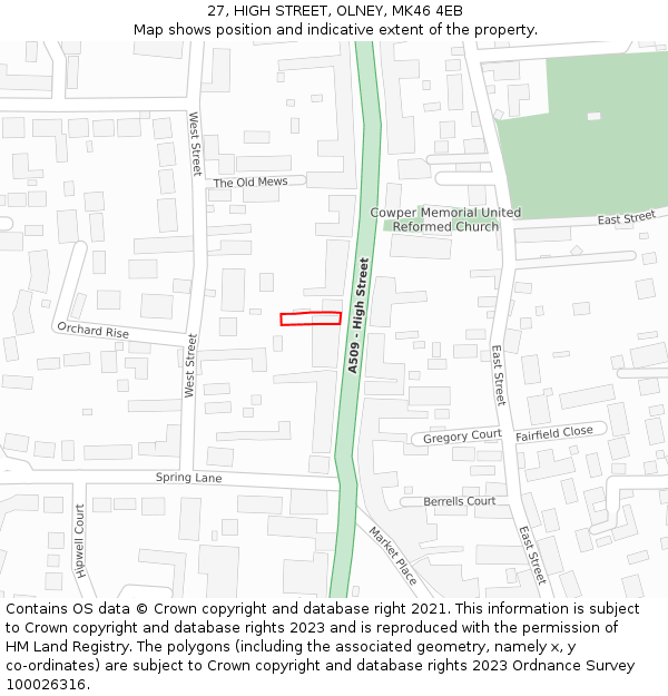 27, HIGH STREET, OLNEY, MK46 4EB: Location map and indicative extent of plot