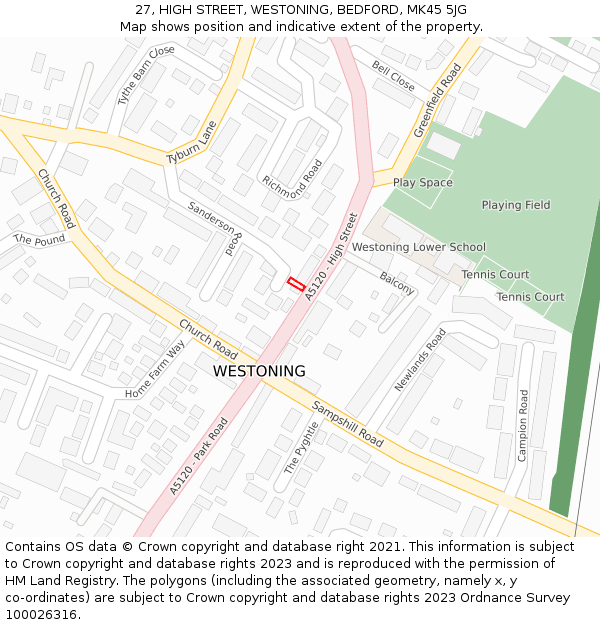 27, HIGH STREET, WESTONING, BEDFORD, MK45 5JG: Location map and indicative extent of plot