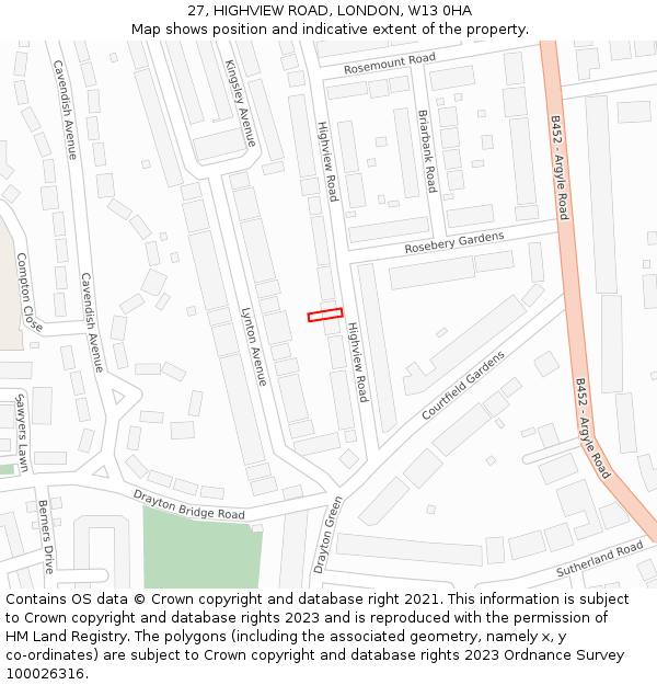 27, HIGHVIEW ROAD, LONDON, W13 0HA: Location map and indicative extent of plot