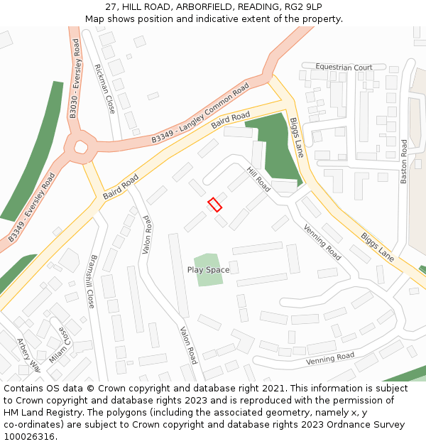 27, HILL ROAD, ARBORFIELD, READING, RG2 9LP: Location map and indicative extent of plot