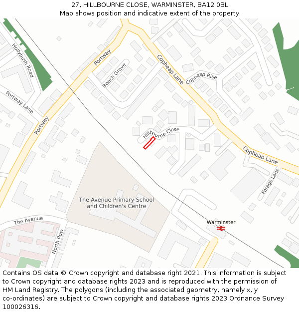 27, HILLBOURNE CLOSE, WARMINSTER, BA12 0BL: Location map and indicative extent of plot