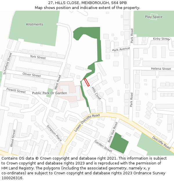 27, HILLS CLOSE, MEXBOROUGH, S64 9PB: Location map and indicative extent of plot