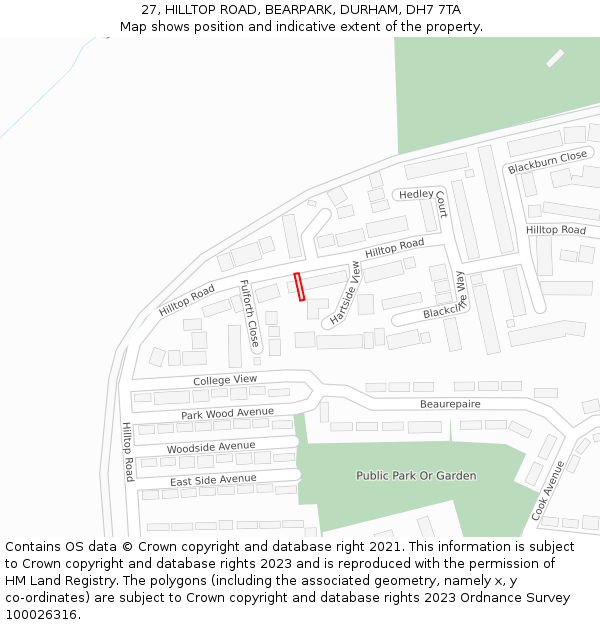 27, HILLTOP ROAD, BEARPARK, DURHAM, DH7 7TA: Location map and indicative extent of plot