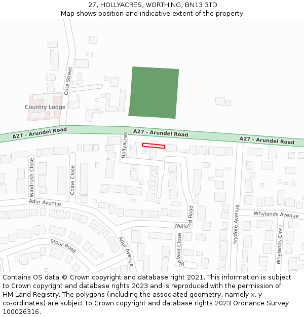 27, HOLLYACRES, WORTHING, BN13 3TD: Location map and indicative extent of plot