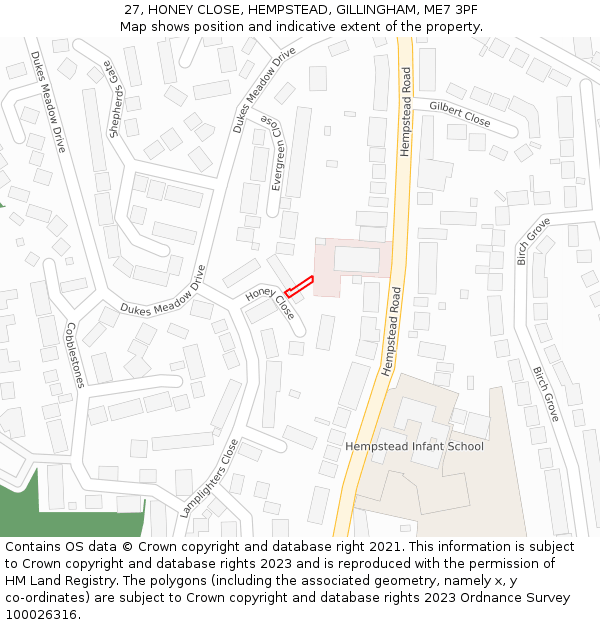 27, HONEY CLOSE, HEMPSTEAD, GILLINGHAM, ME7 3PF: Location map and indicative extent of plot