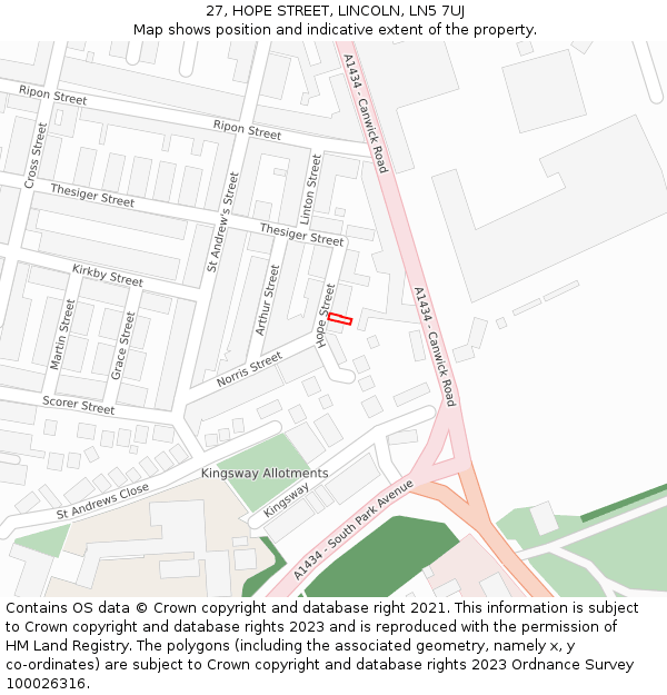 27, HOPE STREET, LINCOLN, LN5 7UJ: Location map and indicative extent of plot