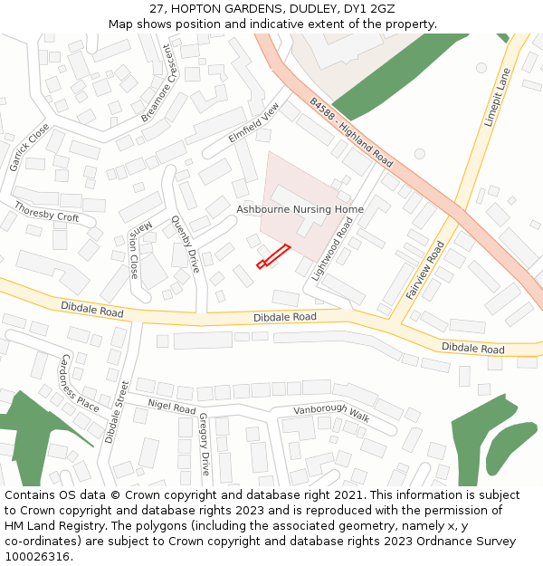 27, HOPTON GARDENS, DUDLEY, DY1 2GZ: Location map and indicative extent of plot
