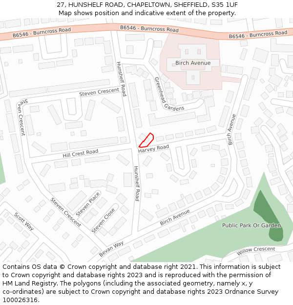 27, HUNSHELF ROAD, CHAPELTOWN, SHEFFIELD, S35 1UF: Location map and indicative extent of plot