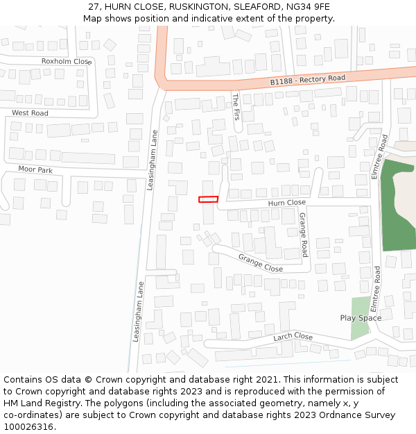 27, HURN CLOSE, RUSKINGTON, SLEAFORD, NG34 9FE: Location map and indicative extent of plot