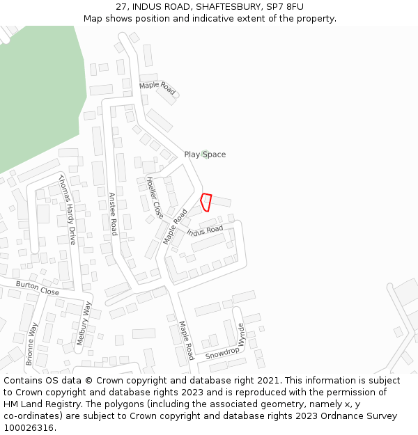 27, INDUS ROAD, SHAFTESBURY, SP7 8FU: Location map and indicative extent of plot