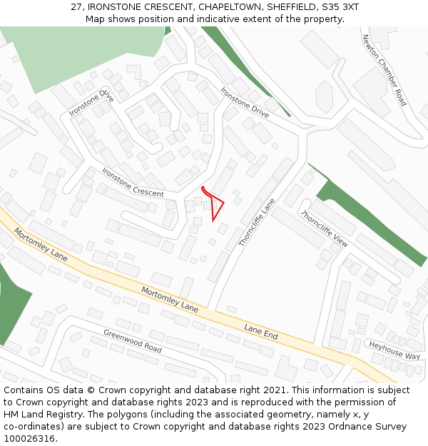27, IRONSTONE CRESCENT, CHAPELTOWN, SHEFFIELD, S35 3XT: Location map and indicative extent of plot