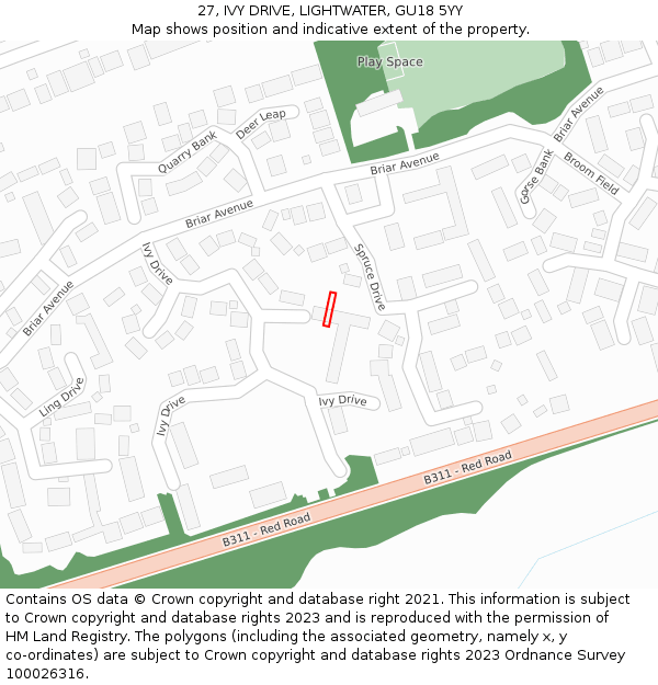 27, IVY DRIVE, LIGHTWATER, GU18 5YY: Location map and indicative extent of plot