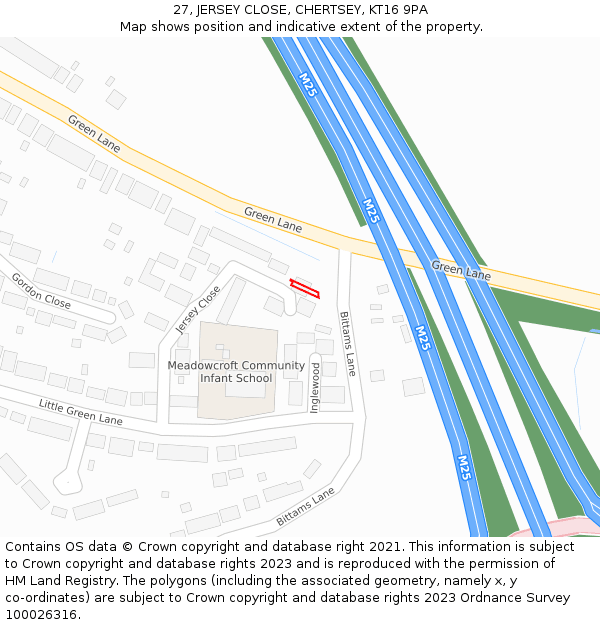 27, JERSEY CLOSE, CHERTSEY, KT16 9PA: Location map and indicative extent of plot