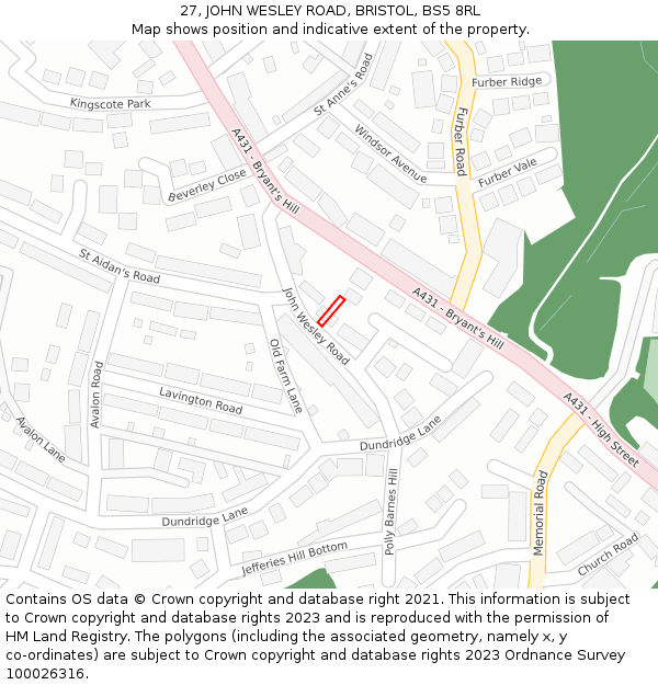 27, JOHN WESLEY ROAD, BRISTOL, BS5 8RL: Location map and indicative extent of plot