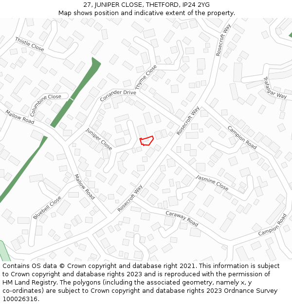 27, JUNIPER CLOSE, THETFORD, IP24 2YG: Location map and indicative extent of plot