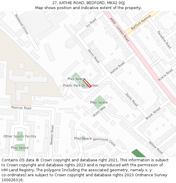27, KATHIE ROAD, BEDFORD, MK42 0QJ: Location map and indicative extent of plot