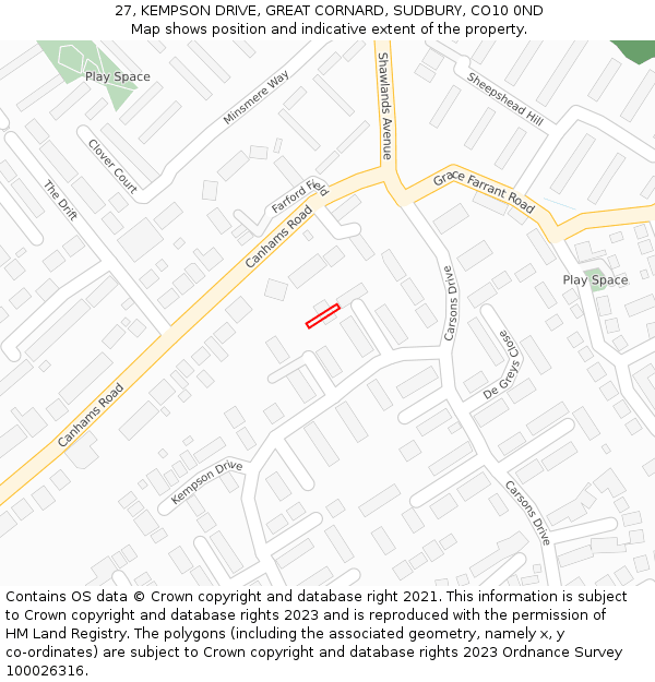 27, KEMPSON DRIVE, GREAT CORNARD, SUDBURY, CO10 0ND: Location map and indicative extent of plot