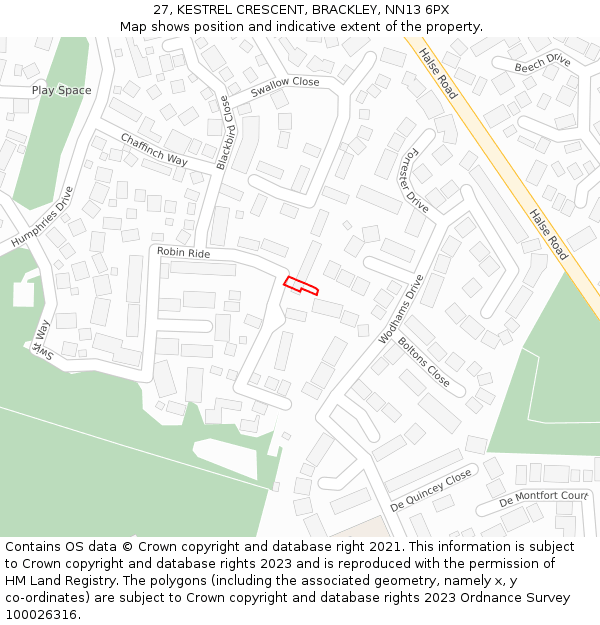 27, KESTREL CRESCENT, BRACKLEY, NN13 6PX: Location map and indicative extent of plot