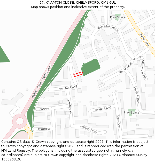 27, KNAPTON CLOSE, CHELMSFORD, CM1 6UL: Location map and indicative extent of plot