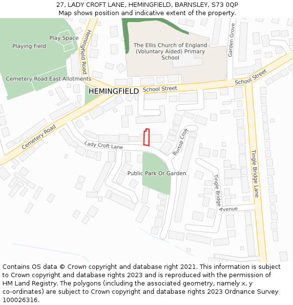 27, LADY CROFT LANE, HEMINGFIELD, BARNSLEY, S73 0QP: Location map and indicative extent of plot