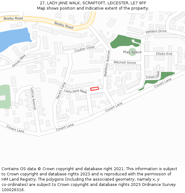 27, LADY JANE WALK, SCRAPTOFT, LEICESTER, LE7 9FP: Location map and indicative extent of plot