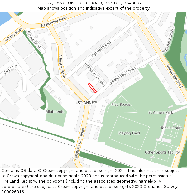 27, LANGTON COURT ROAD, BRISTOL, BS4 4EG: Location map and indicative extent of plot