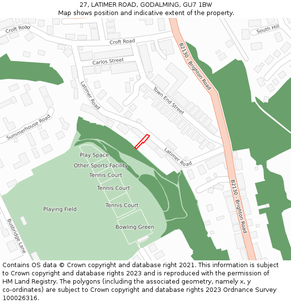 27, LATIMER ROAD, GODALMING, GU7 1BW: Location map and indicative extent of plot