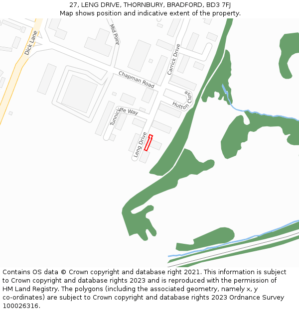 27, LENG DRIVE, THORNBURY, BRADFORD, BD3 7FJ: Location map and indicative extent of plot