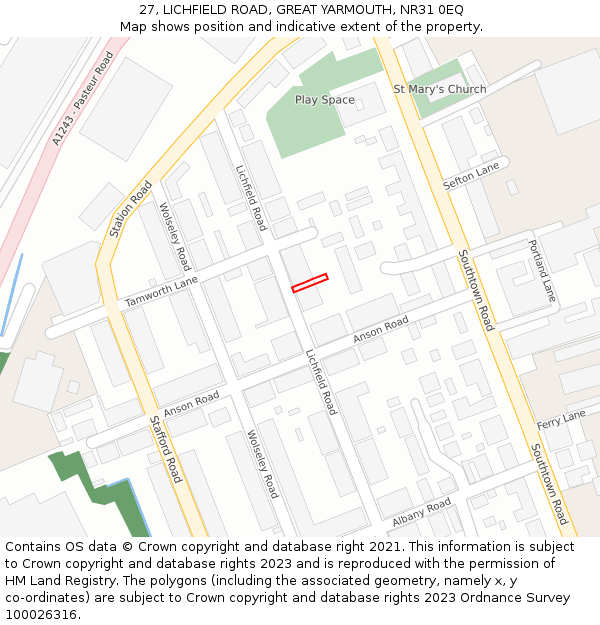 27, LICHFIELD ROAD, GREAT YARMOUTH, NR31 0EQ: Location map and indicative extent of plot