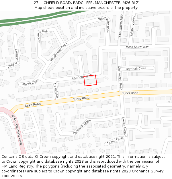 27, LICHFIELD ROAD, RADCLIFFE, MANCHESTER, M26 3LZ: Location map and indicative extent of plot