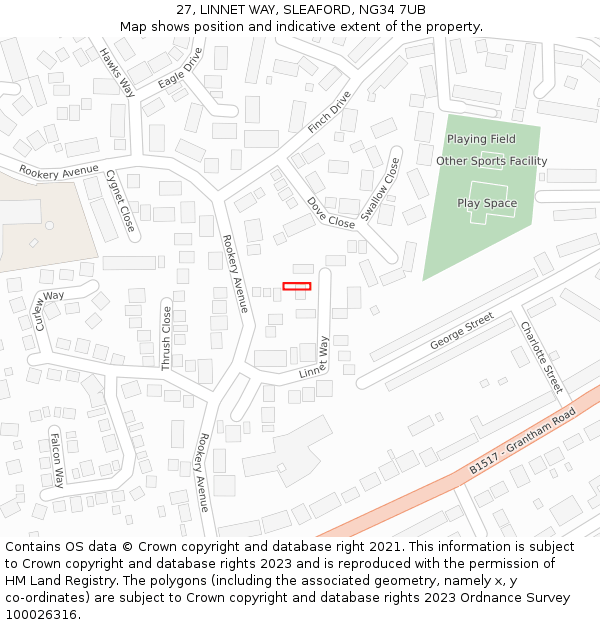 27, LINNET WAY, SLEAFORD, NG34 7UB: Location map and indicative extent of plot