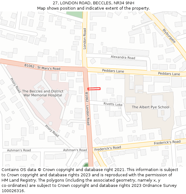27, LONDON ROAD, BECCLES, NR34 9NH: Location map and indicative extent of plot
