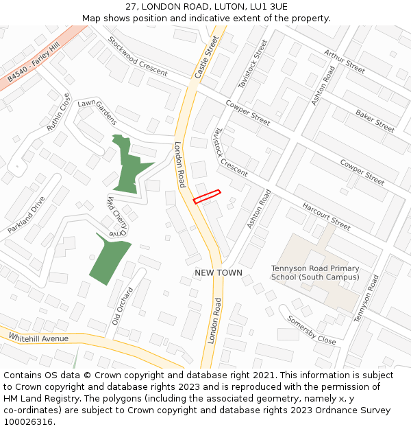 27, LONDON ROAD, LUTON, LU1 3UE: Location map and indicative extent of plot